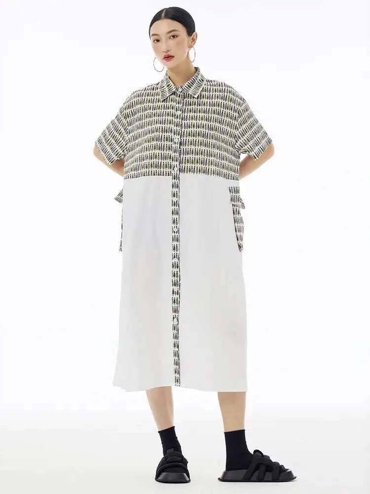 Women Black Printed Color-block Big Size Shirt Dress New Laple Short Sleeve Fashion Tide Spring Summer 2025 1DH6081