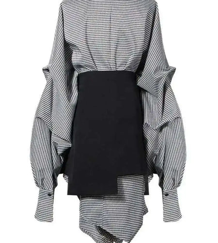 Women Black Plaid Irregular Stitch Big Size Dress New V-Neck Long Sleeve Loose Fit Fashion Tide Spring Autumn 2025 JG892