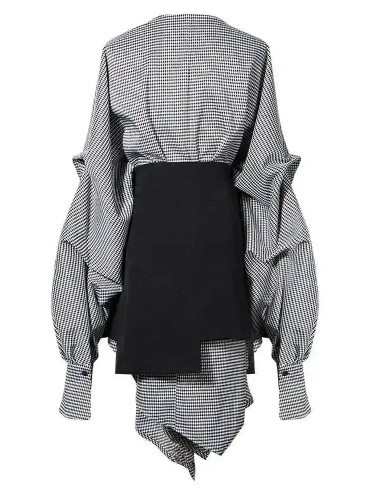 Women Black Plaid Irregular Stitch Big Size Dress New V-Neck Long Sleeve Loose Fit Fashion Tide Spring Autumn 2025 JG892