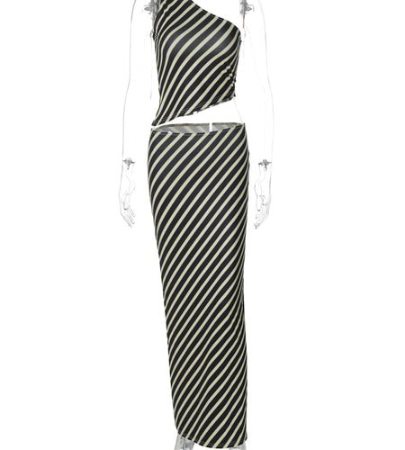 Striped Print 2 Pcs Sets One Shoulder Sexy Crop Tank Top Maxi Skirt Summer Women Fashion Outfits Party Beach Festival