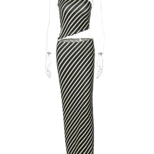 Load image into Gallery viewer, Striped Print 2 Pcs Sets One Shoulder Sexy Crop Tank Top Maxi Skirt Summer Women Fashion Outfits Party Beach Festival
