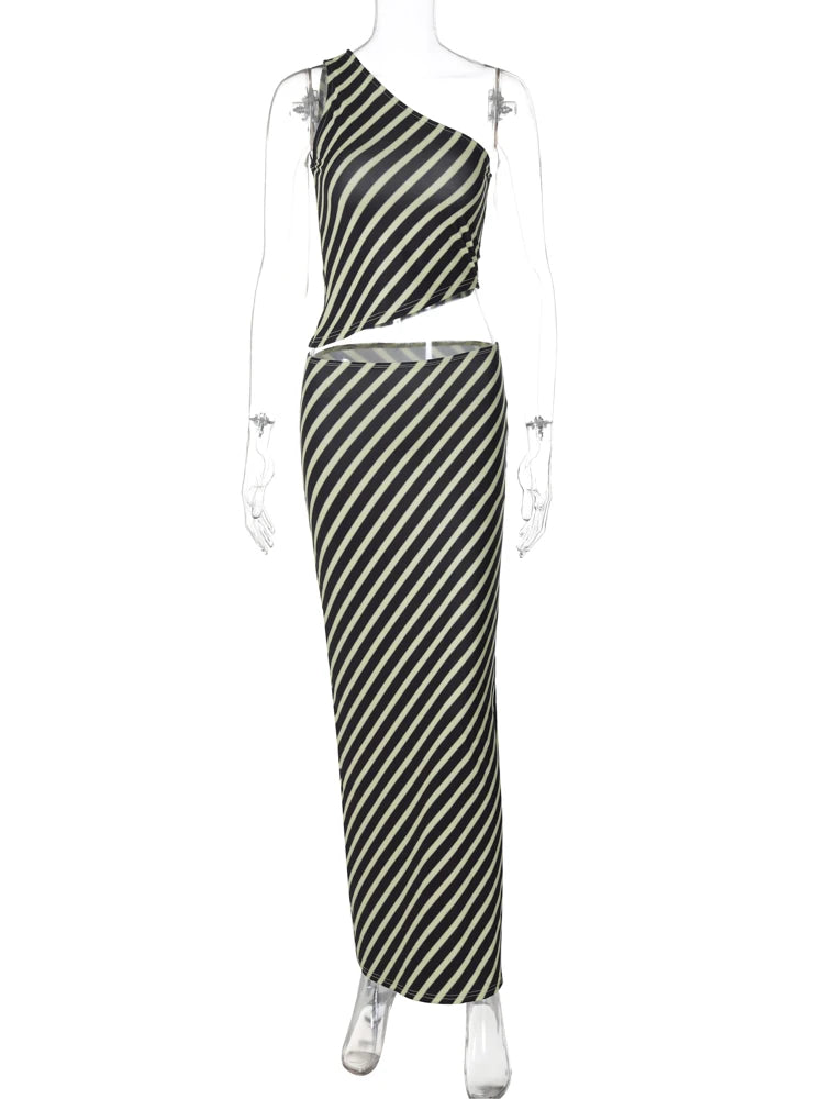 Striped Print 2 Pcs Sets One Shoulder Sexy Crop Tank Top Maxi Skirt Summer Women Fashion Outfits Party Beach Festival