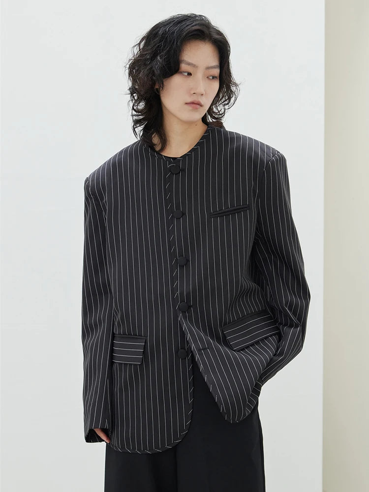 Women Black Striped Big Size Casual Blazer New O-neck Long Sleeve Loose Fit Jacket Fashion Tide Spring Autumn 2025 1DH0147