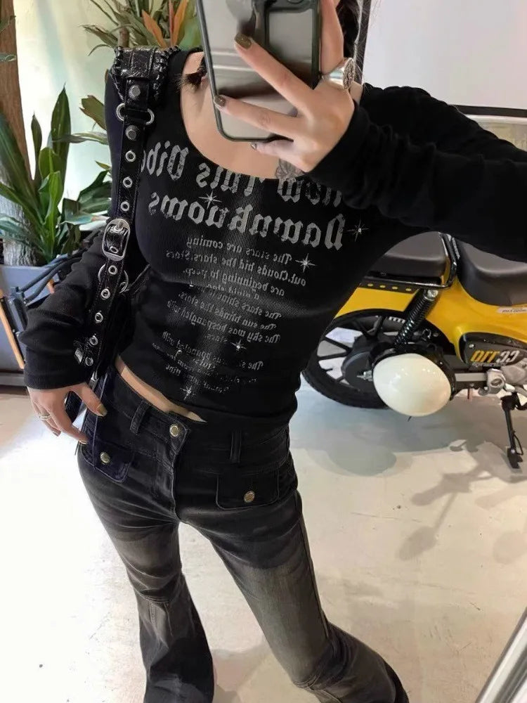 Letter Print Y2k Aesthetic Tee Shirts Femme Casual Vintage Slim Fit Grunge Tops Streetwear Harajuku Women Crop Tshirts Simple