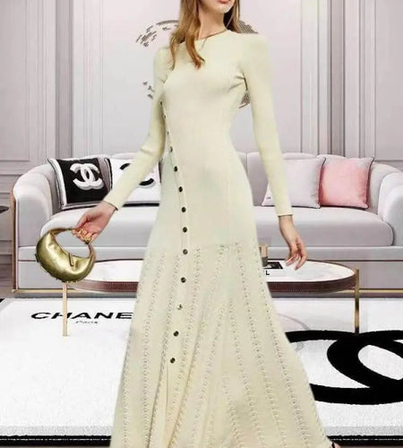 Korean Autumn Winter Black Beige Elegant Single Breasted Dress Women Red Long Sleeves 2024 Knitted Split Dress Popular Trend New