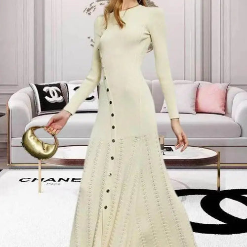 Load image into Gallery viewer, Korean Autumn Winter Black Beige Elegant Single Breasted Dress Women Red Long Sleeves 2024 Knitted Split Dress Popular Trend New
