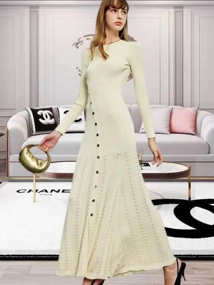 Korean Autumn Winter Black Beige Elegant Single Breasted Dress Women Red Long Sleeves 2024 Knitted Split Dress Popular Trend New