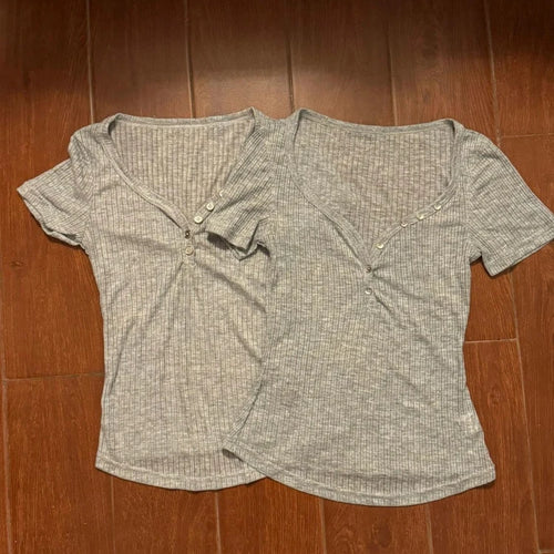 Load image into Gallery viewer, 2025 Summer Two Pieces Set Harajuku Solid Button Bodycon Casual T-shirt + Women Y2k Aesthetic Sexy Grunge Cropped Fairy Tank Top
