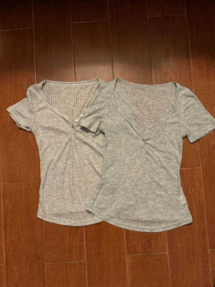 2025 Summer Two Pieces Set Harajuku Solid Button Bodycon Casual T-shirt + Women Y2k Aesthetic Sexy Grunge Cropped Fairy Tank Top