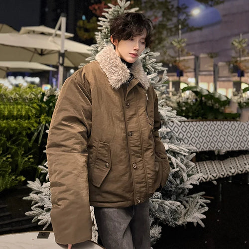 Load image into Gallery viewer, Winter Men&#39;s Padded Jackets Fur Collar Zipper Patchwork Laple Solid Color Single Breasted Thickened Male Cotton Coat 9C9355
