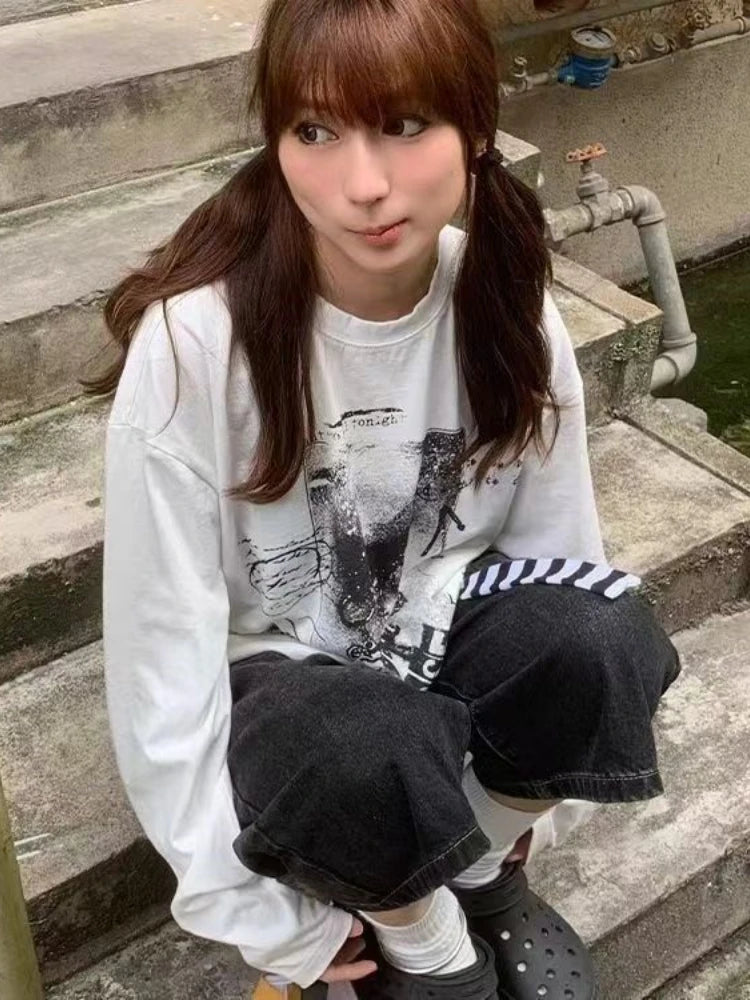 2025 Spring White Letter Printing All Match T-shirts Harajuku Casual Loose Vintage Tops Men and Women Grunge Y2k Aesthetic Tees