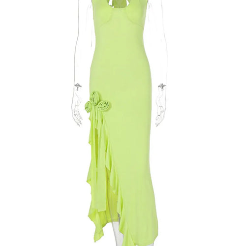 Load image into Gallery viewer, Flower Draped Split Long Dress For Women Fashion Halter Deep V Neck Sleeveless Backless Bodycon Club Party Long Dress
