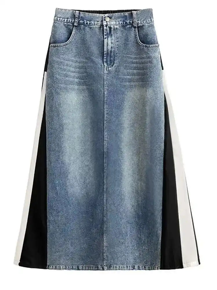 High Elastic Waist Blue Denim Color-block Midi A-line Half-body Skirt Women Fashion Tide New Spring Autumn 2025 1DH0646