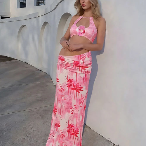 Load image into Gallery viewer, Vacation Fashion Patchwork 2 Piece Set Women Pearls Necklace Halter Applique Crop Tops+Skinny Skirts Beach Style Suit
