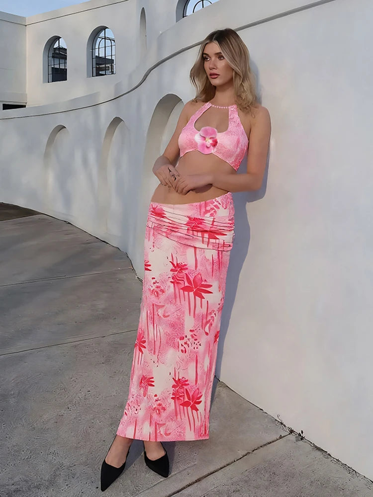 Vacation Fashion Patchwork 2 Piece Set Women Pearls Necklace Halter Applique Crop Tops+Skinny Skirts Beach Style Suit