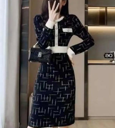 Autumn Winter Black Patchwork High Wais Round Neck Knit Dress French Women's Long Sleeved Office Slim Single Breasted Midi Dress