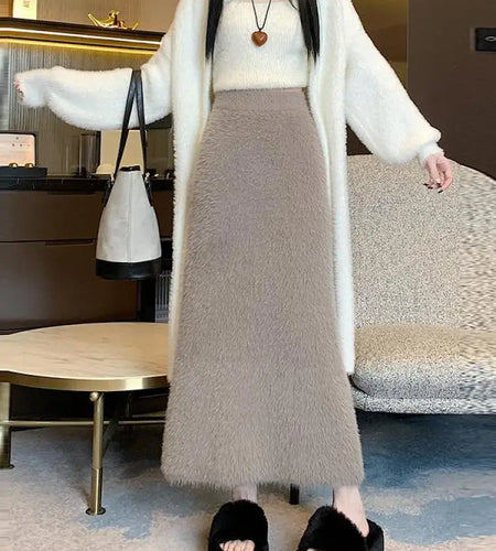 Autumn Winter 2024 New Black White Elegant Mink Long Skirt French Women Brown Elastic High Waist Vacation Party Knit Skirt Trend