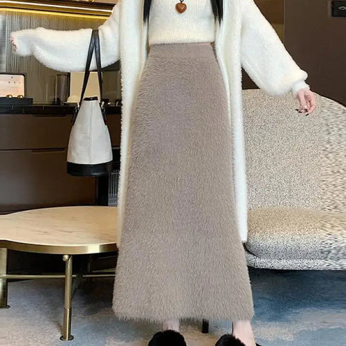 Load image into Gallery viewer, Autumn Winter 2024 New Black White Elegant Mink Long Skirt French Women Brown Elastic High Waist Vacation Party Knit Skirt Trend
