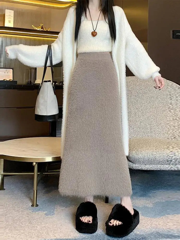Autumn Winter 2024 New Black White Elegant Mink Long Skirt French Women Brown Elastic High Waist Vacation Party Knit Skirt Trend