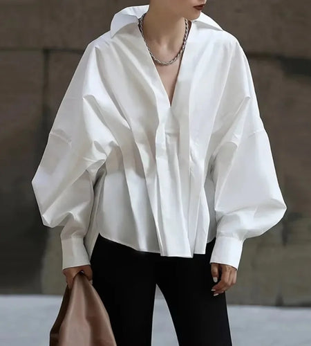 Women's Blouses Long Puff Sleeves 2025 Spring Summer Pleated Lapel White Black Loose Office ShirtsTops for Female