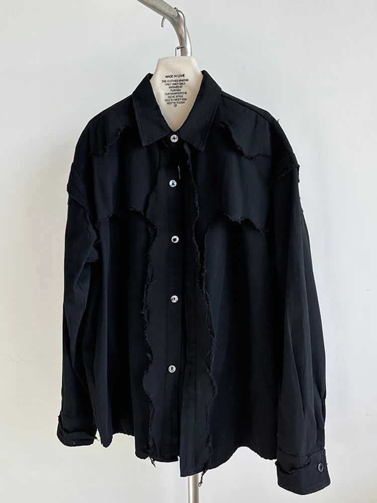Women Black Burr Irregular Spliced Big Size Blouse New Lapel Long Sleeve Shirt Fashion Tide Spring Autumn 2025 1DH9561
