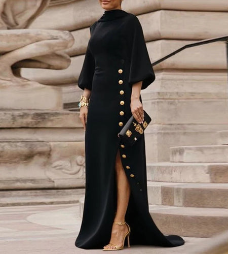 Wedding Prom Evening Gown Party Slit Maxi Dresses for Woman 2025 Lace Up Gold Button Womens Black Autumn Long Dress