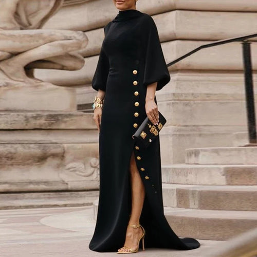 Load image into Gallery viewer, Wedding Prom Evening Gown Party Slit Maxi Dresses for Woman 2025 Lace Up Gold Button Womens Black Autumn Long Dress
