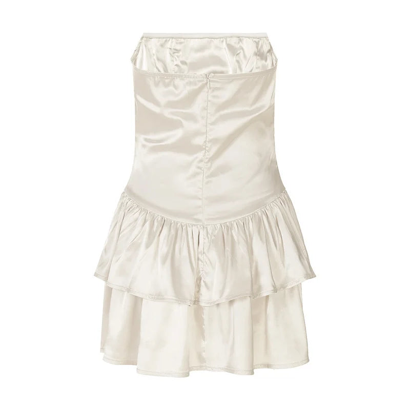 Satin Strapless Sexy Mini Dress Women Fashion Off-shoulder Sleeveless Backless High Waist Ruffle Club Party Dress