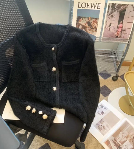 Vintage Beige Warm Women Long Sleeve Knitted Cardigan Sweater Coat Autumn Winter Korean Fashion Black Single Breasted Tops Trend