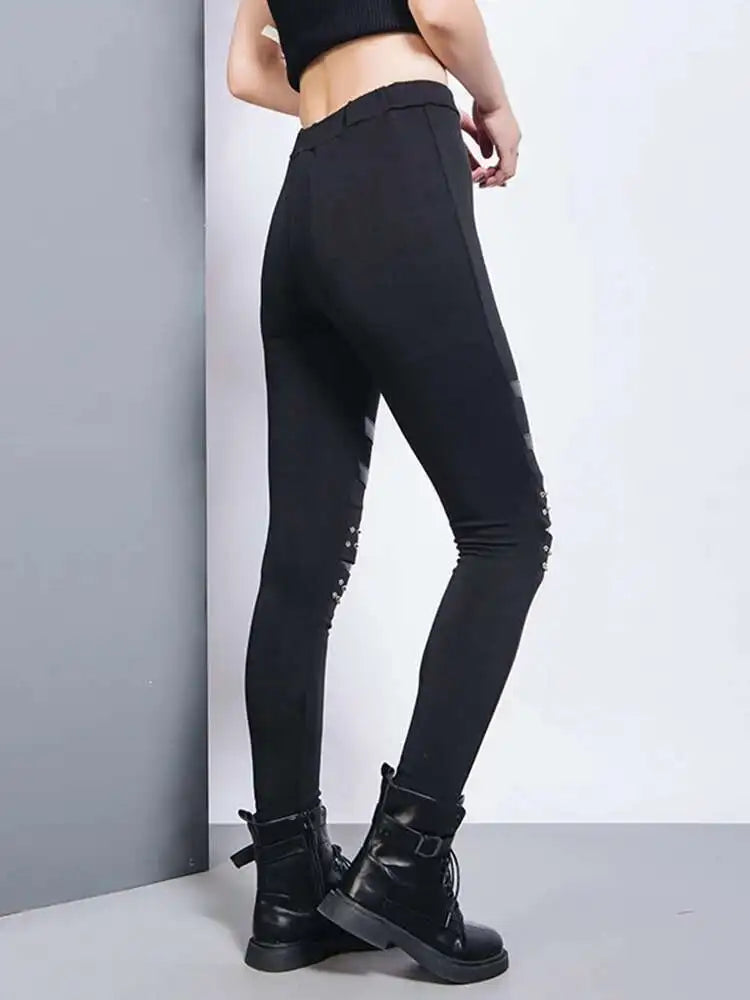 High Elastic Waist Black Brief Long Rivet With Fleece Casual Pants New Trousers Women Fashion Spring Autumn 2025 1DH7172