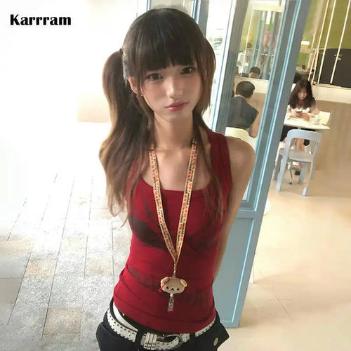 Load image into Gallery viewer, Japanese Y2k Letter Print Tank Top Trashy 2000s Style Red Tanktop Vintage Harajuku Sleeveless Crop Top American Retro
