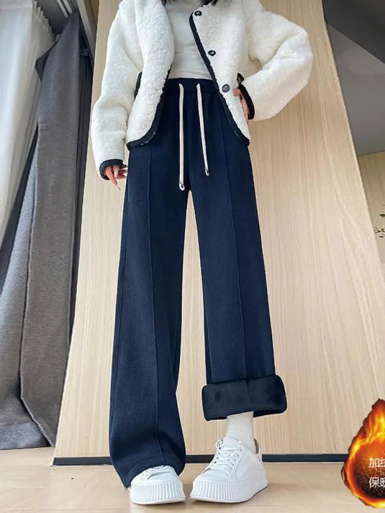 Women Black Blue Velvet High Waist Office Ladies Pant Korean Fashion Red Drawstring Wide Leg Trousers Casual Thick New 2024 Chic