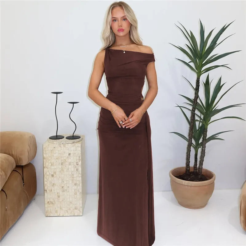 Oblique Shoulder Backless Sexy Maxi Dress For Women Fashion Off-shoulder Sleeveless High Waist Bodycon Club Long Dress