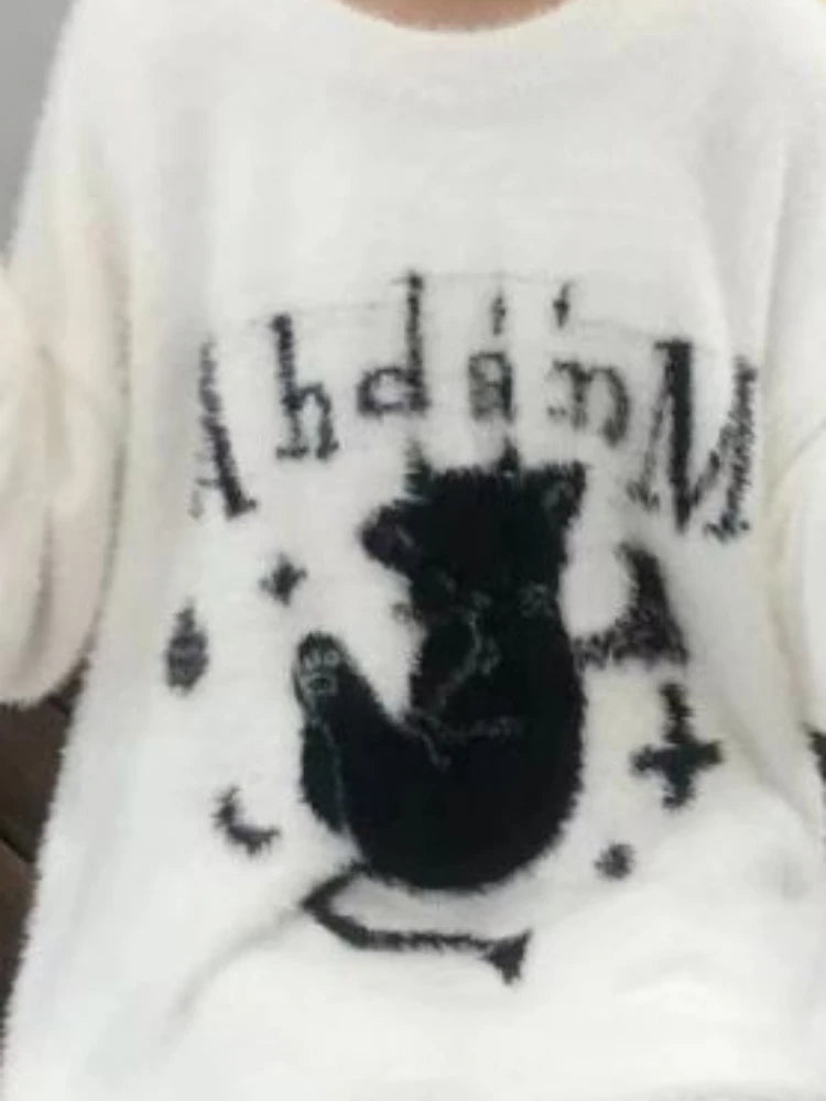 Oversized Harajuku Grunge Cartoon Jacquard Sweaters Streetwear Vintage Hole Jumpers 2025 Women Y2k Aesthetic Casual Pullovers