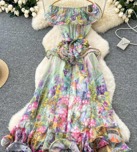 French Retro Women's Pink Green Print Elegant Off Shoulder Princess Dresses Spring Slim Lace-up Ruffles Evening Party Dress Boho