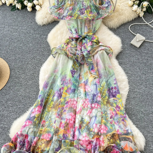 Load image into Gallery viewer, French Retro Women's Pink Green Print Elegant Off Shoulder Princess Dresses Spring Slim Lace-up Ruffles Evening Party Dress Boho
