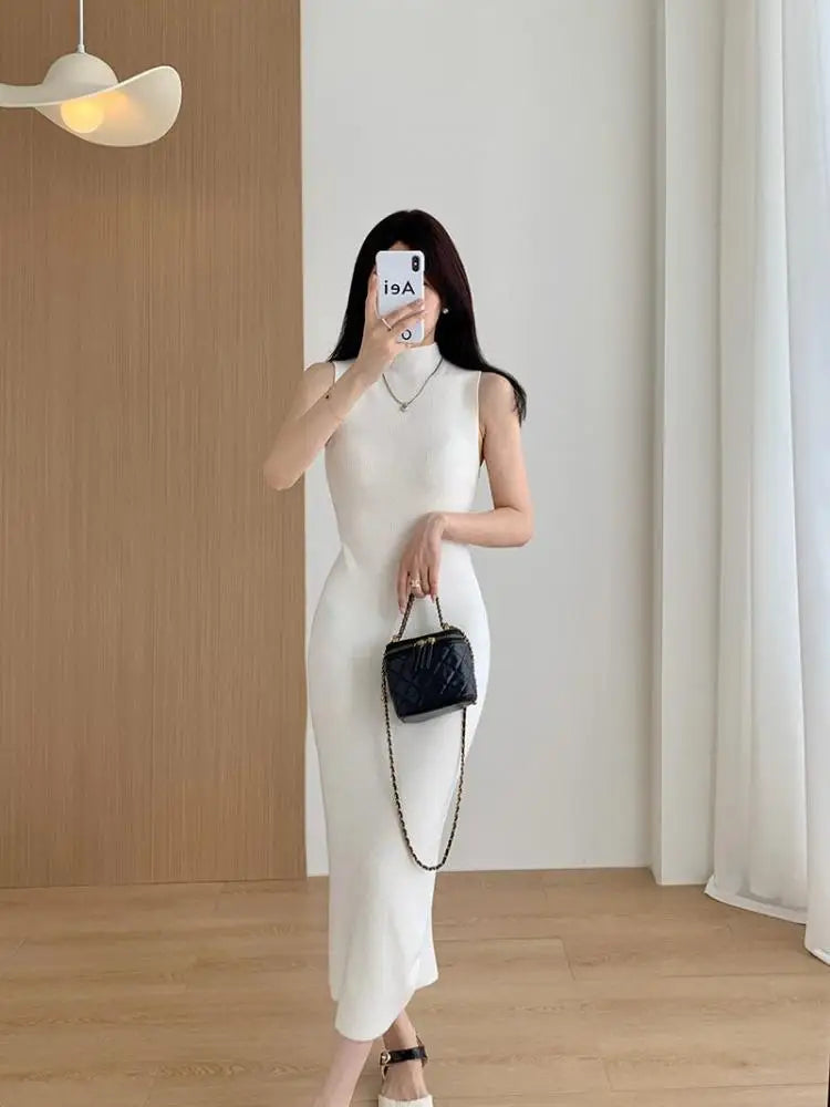 Elegant Solid Ribbed Knitted Dress Women Slim Long Sleeve Cardigan Top And Vest Dresses Autumn Winter Lady Streetwear Robe