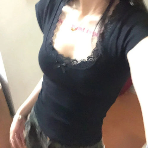 Load image into Gallery viewer, 2025 Y2k Aesthetic Lace Patchwork Crop Top Streetwear Harajuku Women Vintage U Neck T-shirt Streetwear Bow Bottoming Grunge Tees
