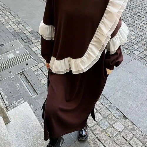 Load image into Gallery viewer, Women Black Ruffles Spliced Big Size Long Casual Dress New Round Neck Long Sleeve Fashion Tide Spring Autumn 2025 1DH7701
