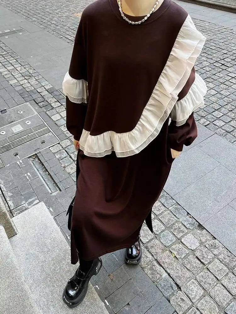 Women Black Ruffles Spliced Big Size Long Casual Dress New Round Neck Long Sleeve Fashion Tide Spring Autumn 2025 1DH7701