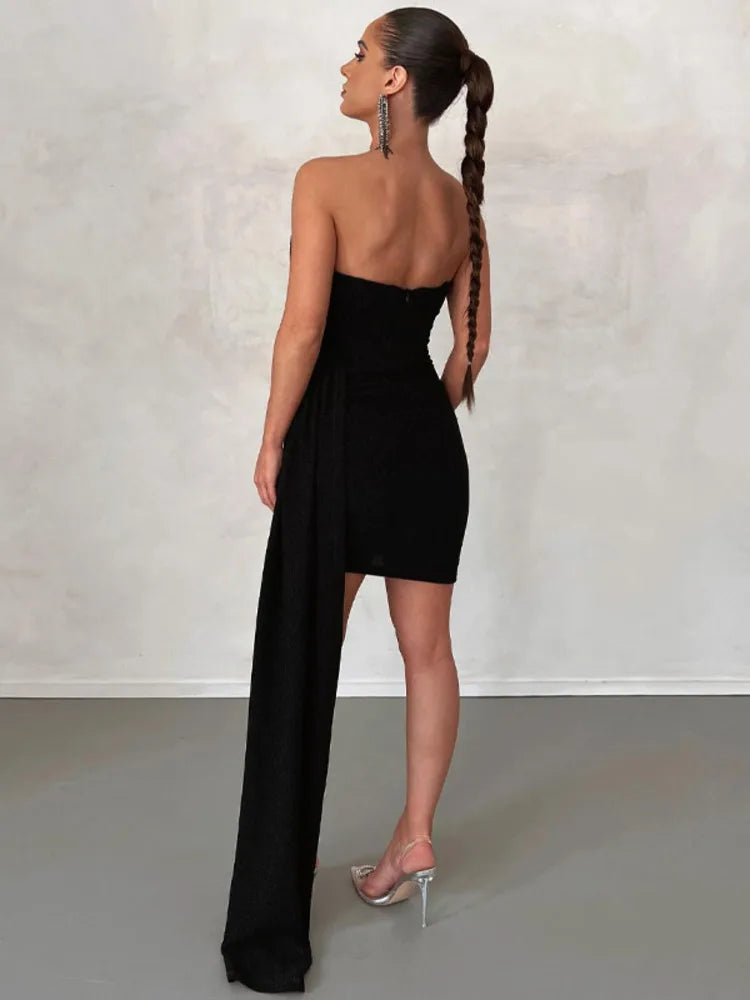 Elegant Strapless Lace-up Mini Dress For Women Robe 2023 New Off-shoulder Sleeveless Ruched Party Short Dress Vestido