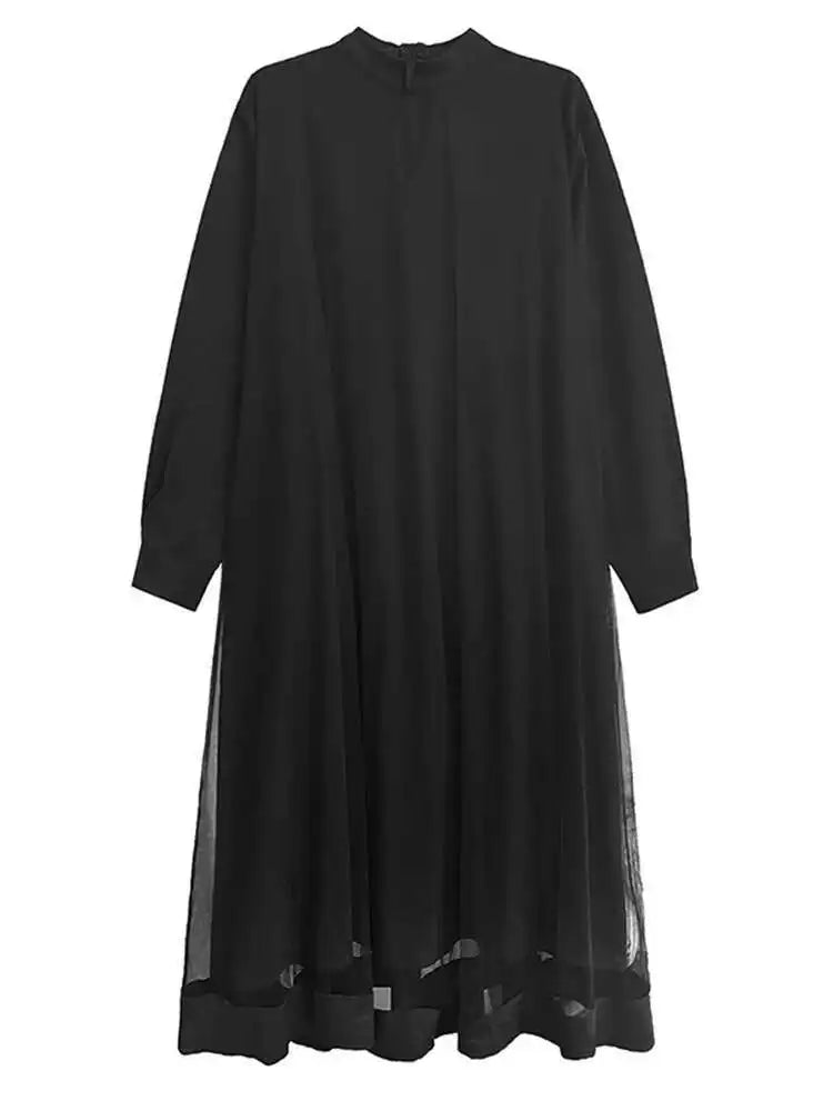 Women Black Hollow Out Mesh Spliced Big Size Dress New Stand Collar Long Sleeve Fashion Tide Spring Autumn 2025 1DJ0051