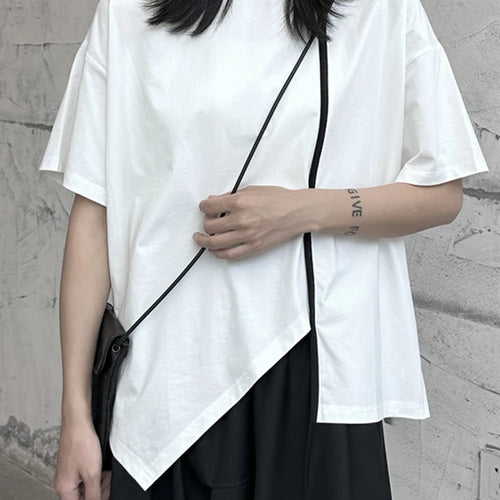 Load image into Gallery viewer, Women White Color-block Irregular Big Size T-shirt New Round Neck Half Sleeve Fashion Tide Spring Summer 2025 1DF9733
