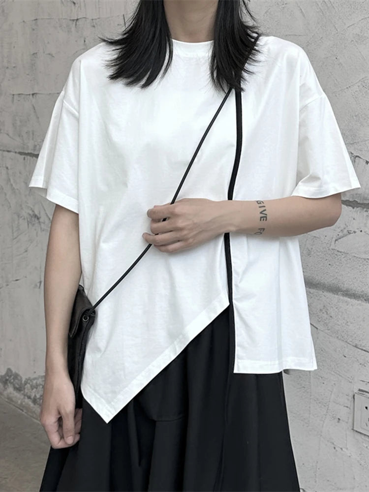 Women White Color-block Irregular Big Size T-shirt New Round Neck Half Sleeve Fashion Tide Spring Summer 2025 1DF9733