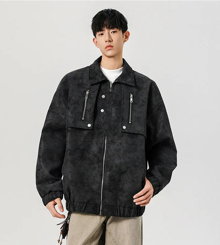 Men's Jacket New American Design PU Leather Turn-down Collar Mulit Zippers Trendy Male Clothing Spring 2025 9W1392