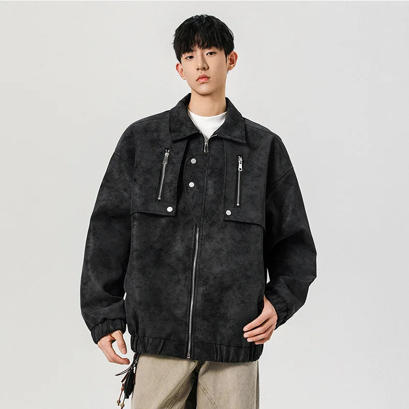 Men's Jacket New American Design PU Leather Turn-down Collar Mulit Zippers Trendy Male Clothing Spring 2025 9W1392