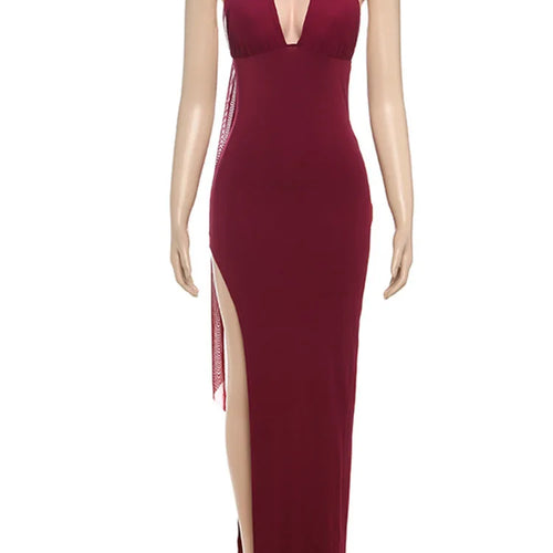 Load image into Gallery viewer, Scarf Collar Backless Sexy Maxi Dress Women Gown Fashion Halter Deep V Neck Thigh High Split Bodycon Long Dress
