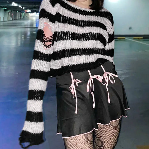 Load image into Gallery viewer, Striped Women's Crop Sweater Punk Streetwear Korean Style Hole Thin Knitted  Gothic Long Sleeve Y2k Pullover
