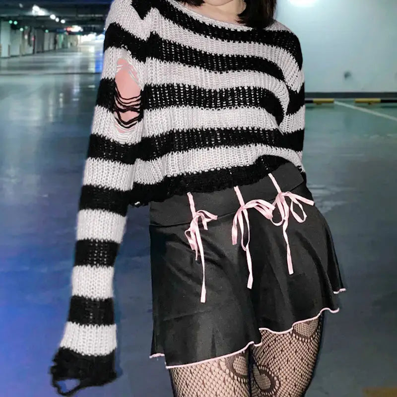 Striped Women's Crop Sweater Punk Streetwear Korean Style Hole Thin Knitted  Gothic Long Sleeve Y2k Pullover