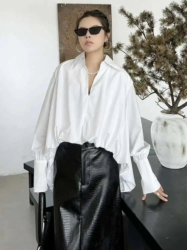 Women White Back Long Irregular Big Size Blouse New V-Neck Long Sleeve Shirt Fashion Tide Spring Autumn 2025 1DH6949
